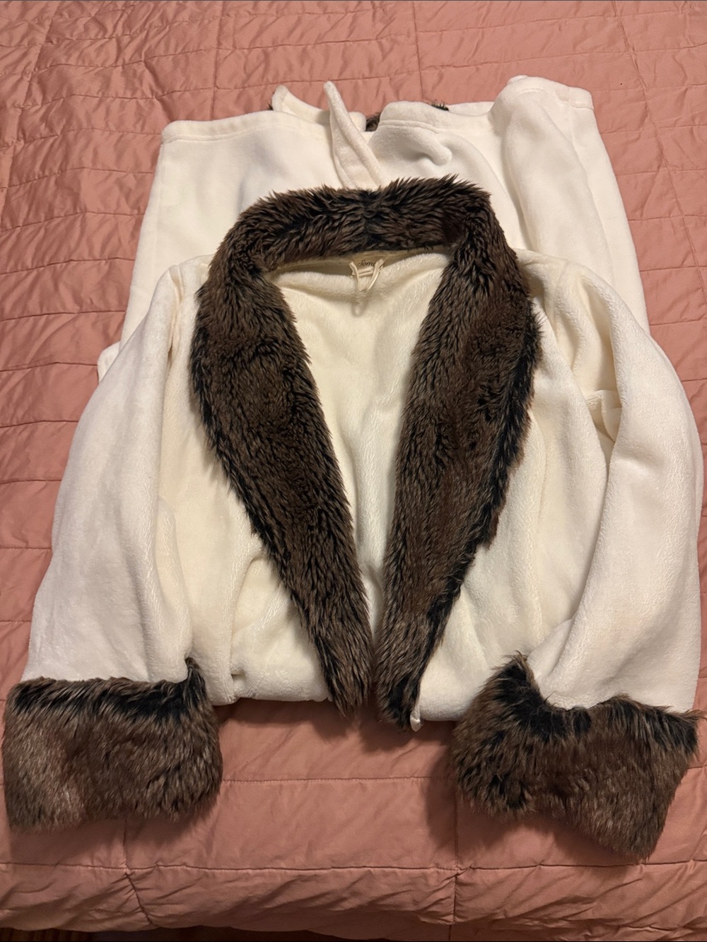 Faux Fur-Trim Cream Jacket with Brown Collar and Cuffs